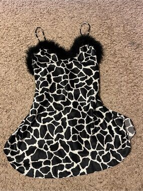 Black & White Animal Print Slip Dress with Fur Trim